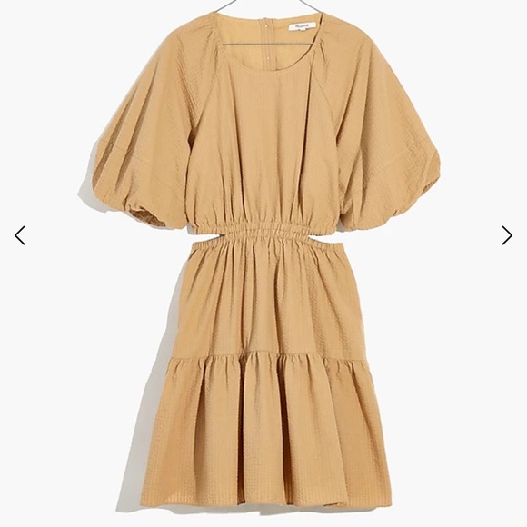 Madewell Seersucker Puff-Sleeve Cutout Mini Dress in Seed Khaki sz small - Picture 1 of 12